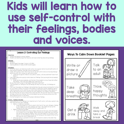 Educational materials for teaching self-control to children, including text and illustrations.