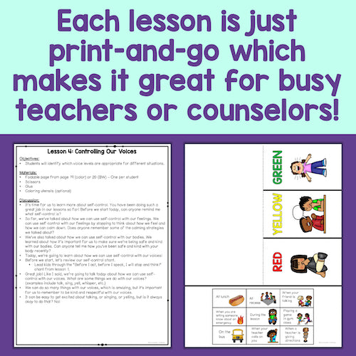 Educational materials with text about print-and-go lessons for teachers or counselors on a purple background.