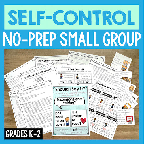 Educational materials for self-control no-prep small group activities on a wooden surface with a blue border.