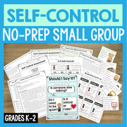 Educational materials for self-control no-prep small group activities on a wooden surface with a blue border.