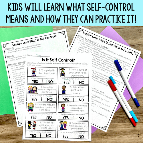 Educational materials on self-control with checklists and markers on a wooden surface