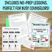 Educational materials for counseling on a wooden surface with text 'Includes no-prep lessons, perfect for busy counselors!'.