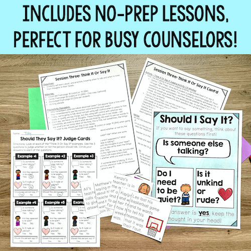 Educational materials for counseling on a wooden surface with text 'Includes no-prep lessons, perfect for busy counselors!'.