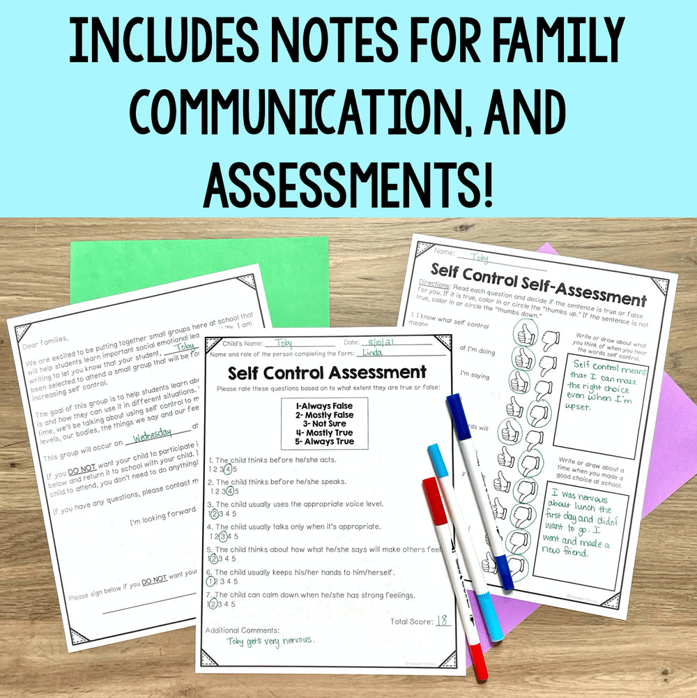 Educational materials with self-control assessment and notes for family communication on a wooden surface.