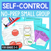 Educational materials for self-control no-prep small group activities for grades 3-5 on a blue background.