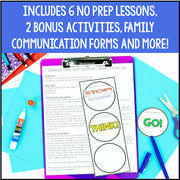 Educational materials with worksheets and stationery on a blue background