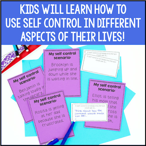 Educational materials on self-control scenarios with text overlay on a colorful background