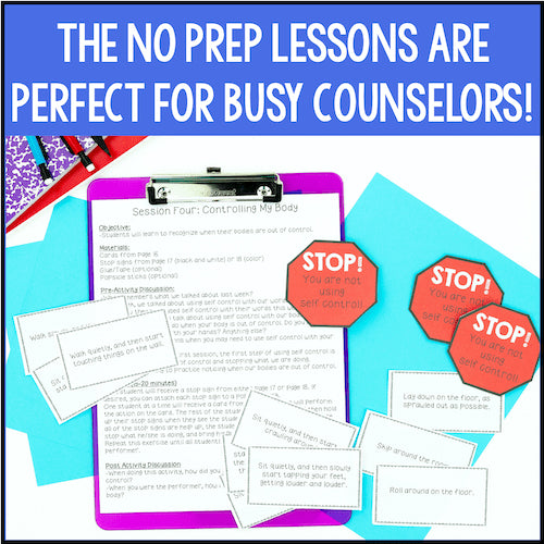 Educational materials with text 'The no prep lessons are perfect for busy counselors!' on a colorful background.