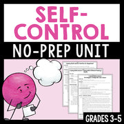 Cover of a 'Self-Control No-Prep Unit' for grades 3-5 with a cartoon character and educational materials.