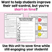 Educational materials on self-control strategies with text overlay on a pink background