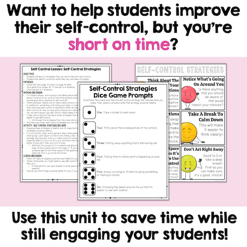 Educational materials on self-control strategies with text overlay on a pink background
