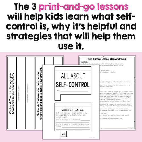 Educational materials on self-control with text and worksheets on a pink background