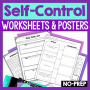 Self-Control Worksheets & Posters with text overlay on a purple and teal background