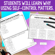 Educational materials on impulse control with text overlay on a purple background