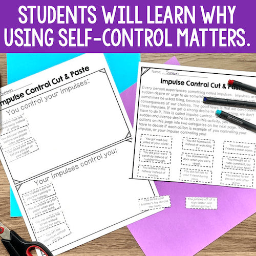 Educational materials on impulse control with text overlay on a purple background