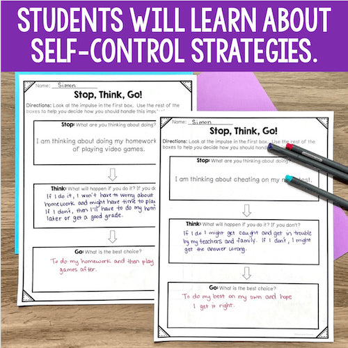 Educational materials on self-control strategies with text overlay on a wooden surface.