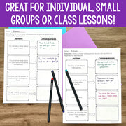 Two worksheets with 'Actions' and 'Consequences' columns on a wooden surface with two pens.