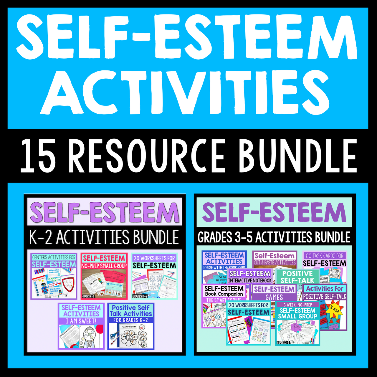 Promotional graphic for a 'Self-Esteem Activities' resource bundle with two bundles displayed.