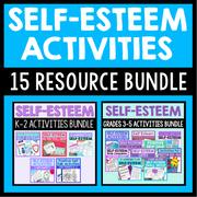 Promotional graphic for a 'Self-Esteem Activities' resource bundle with two bundles displayed.