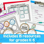 Educational materials with worksheets and clipart on a blue background