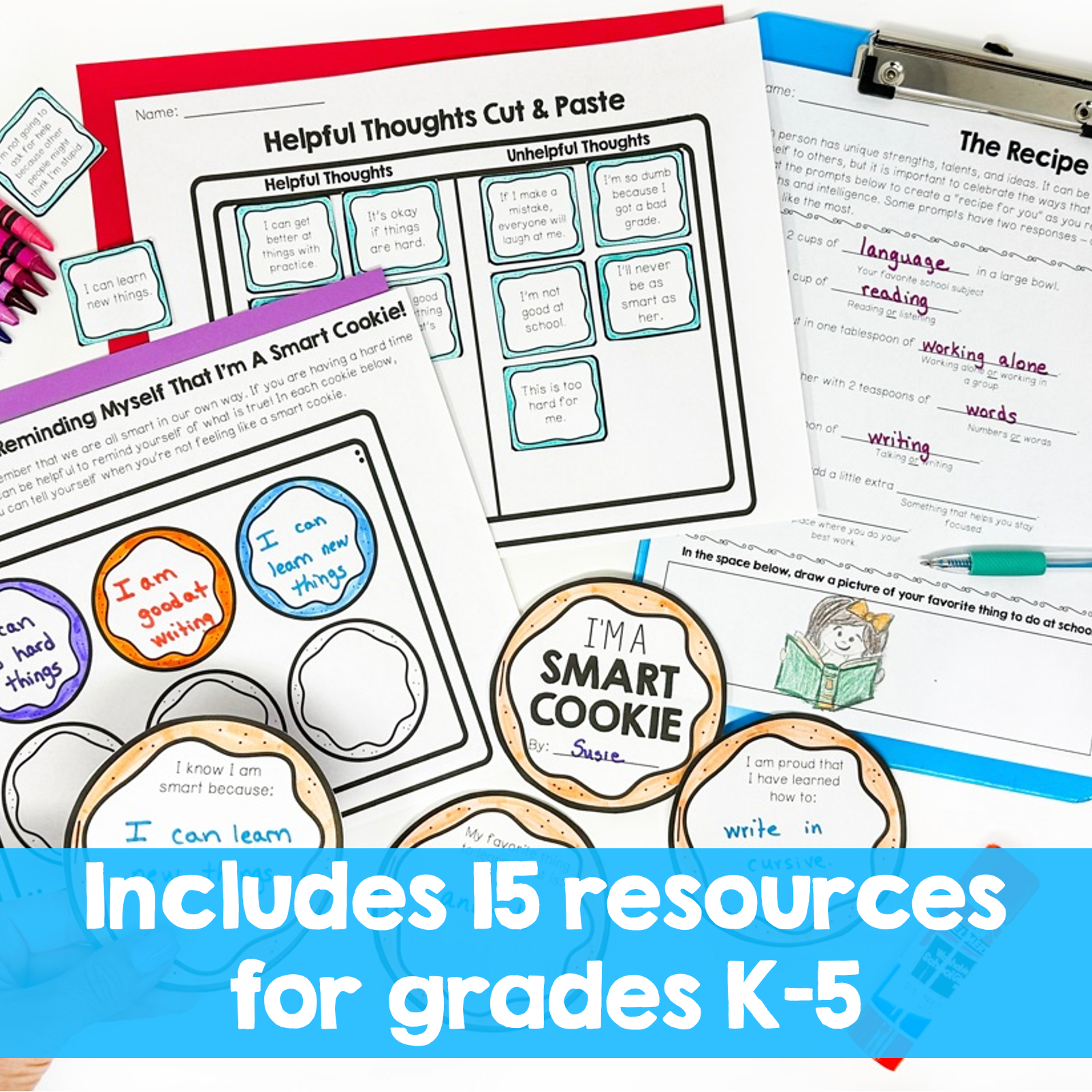 Educational materials with worksheets and clipart on a blue background