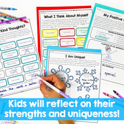 Educational materials with self-reflection questions and activities, including coloring pages and pens.