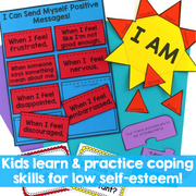 Educational materials for kids to learn and practice coping skills for low self-esteem, including colorful cards and a star-shaped 'I AM' poster.