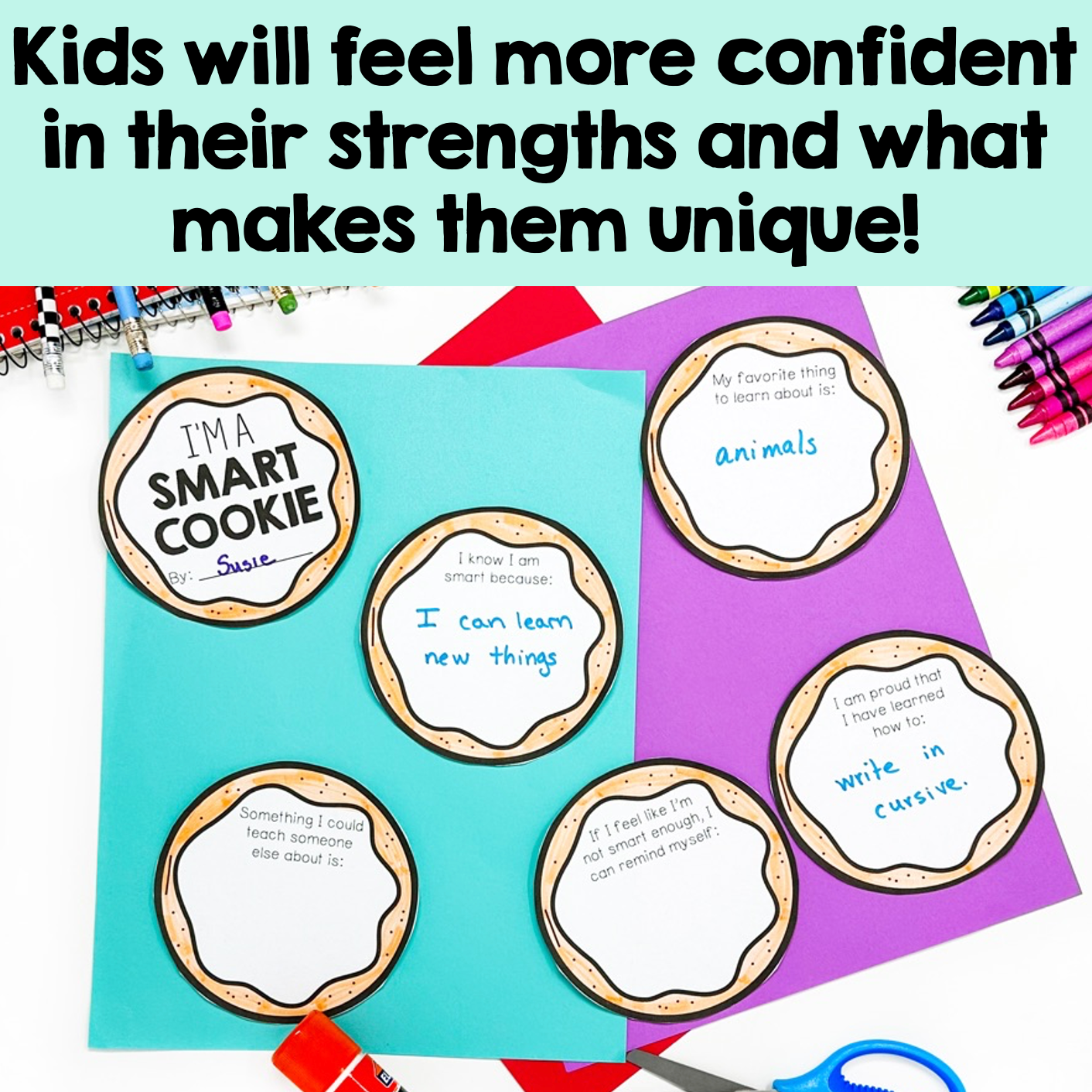 Educational activity with 'smart cookie' labels on a colorful background