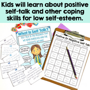 Educational materials on self-talk and coping skills for low self-esteem with a clipboard and papers.