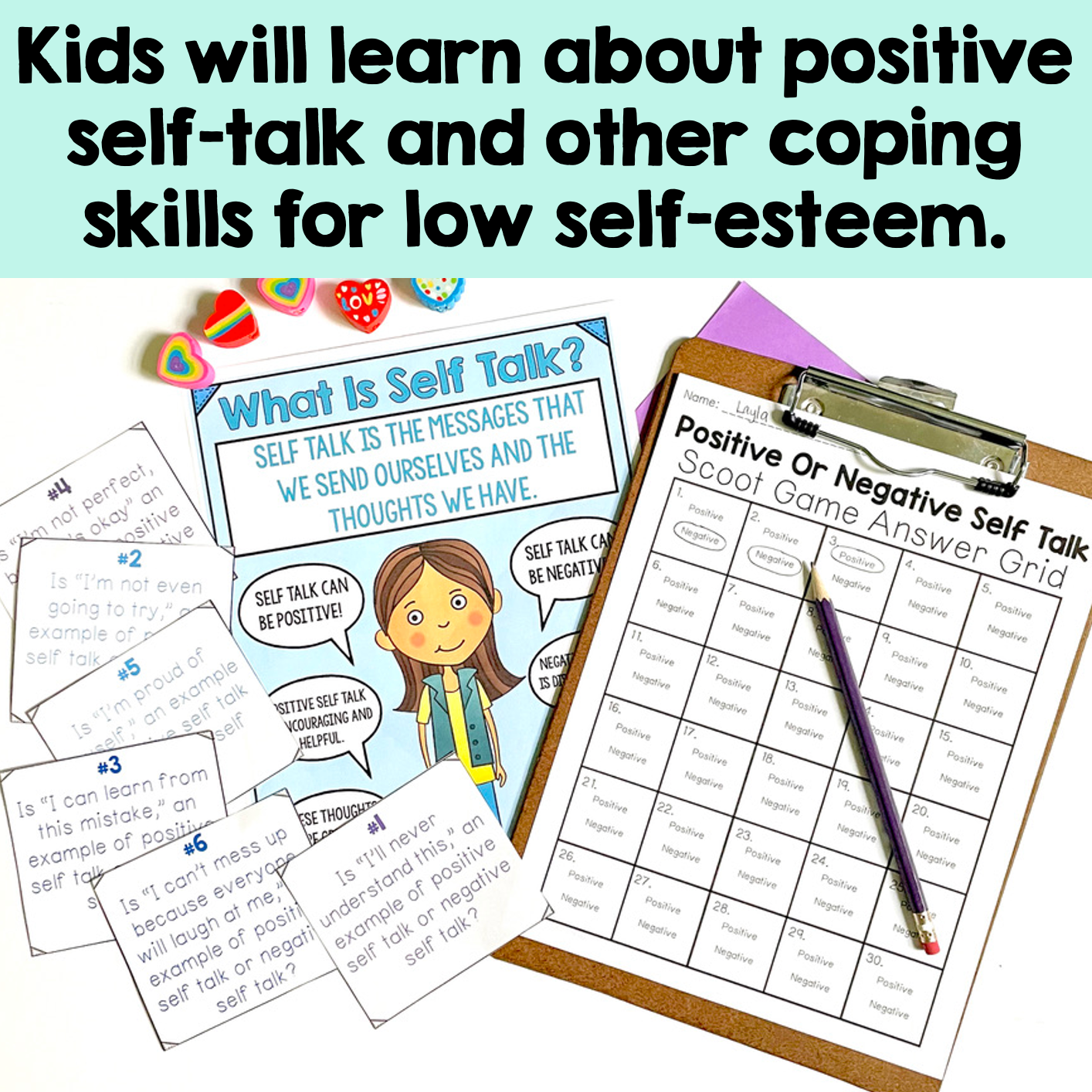 Educational materials on self-talk and coping skills for low self-esteem with a clipboard and papers.