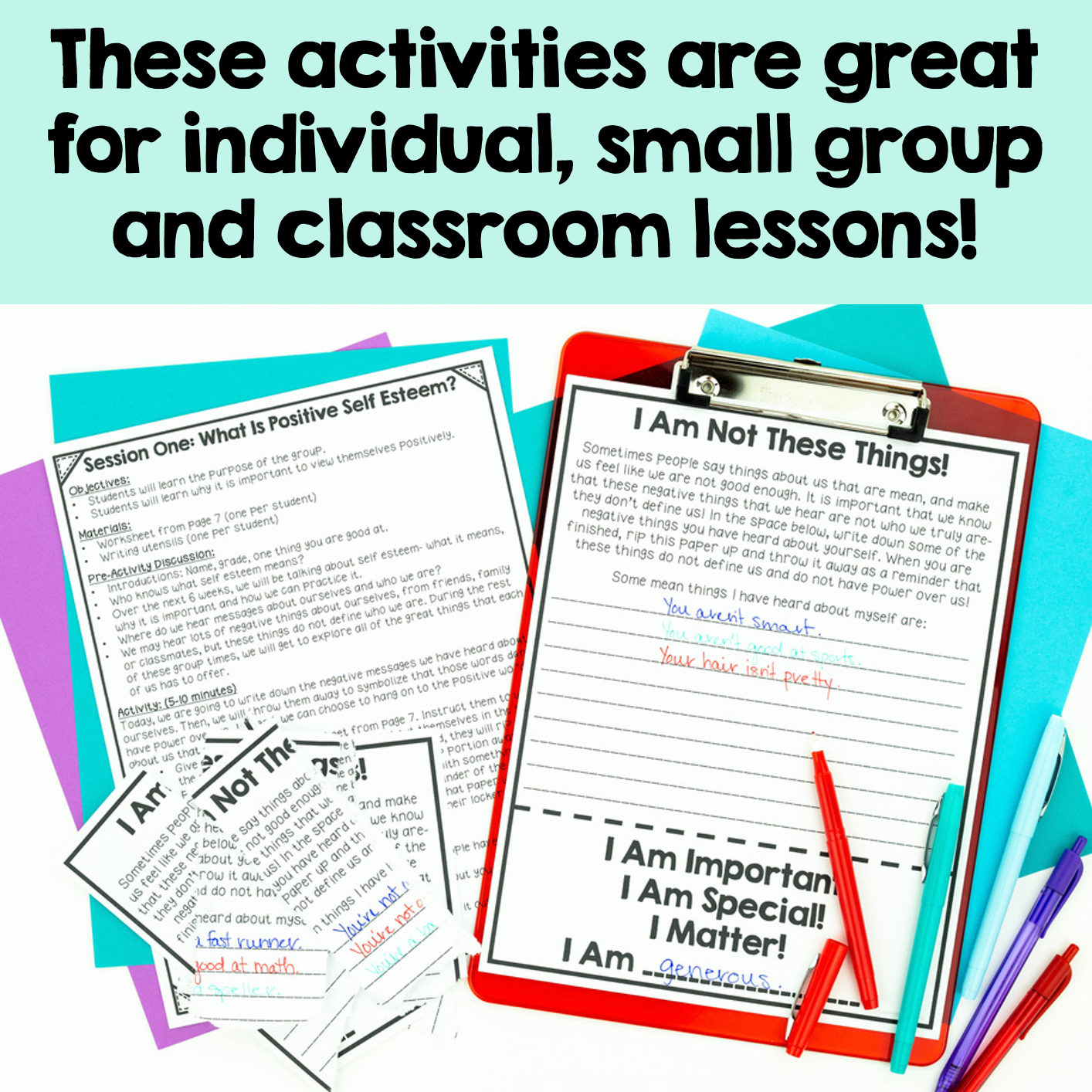 Educational materials on a clipboard with text about self-esteem activities for lessons.