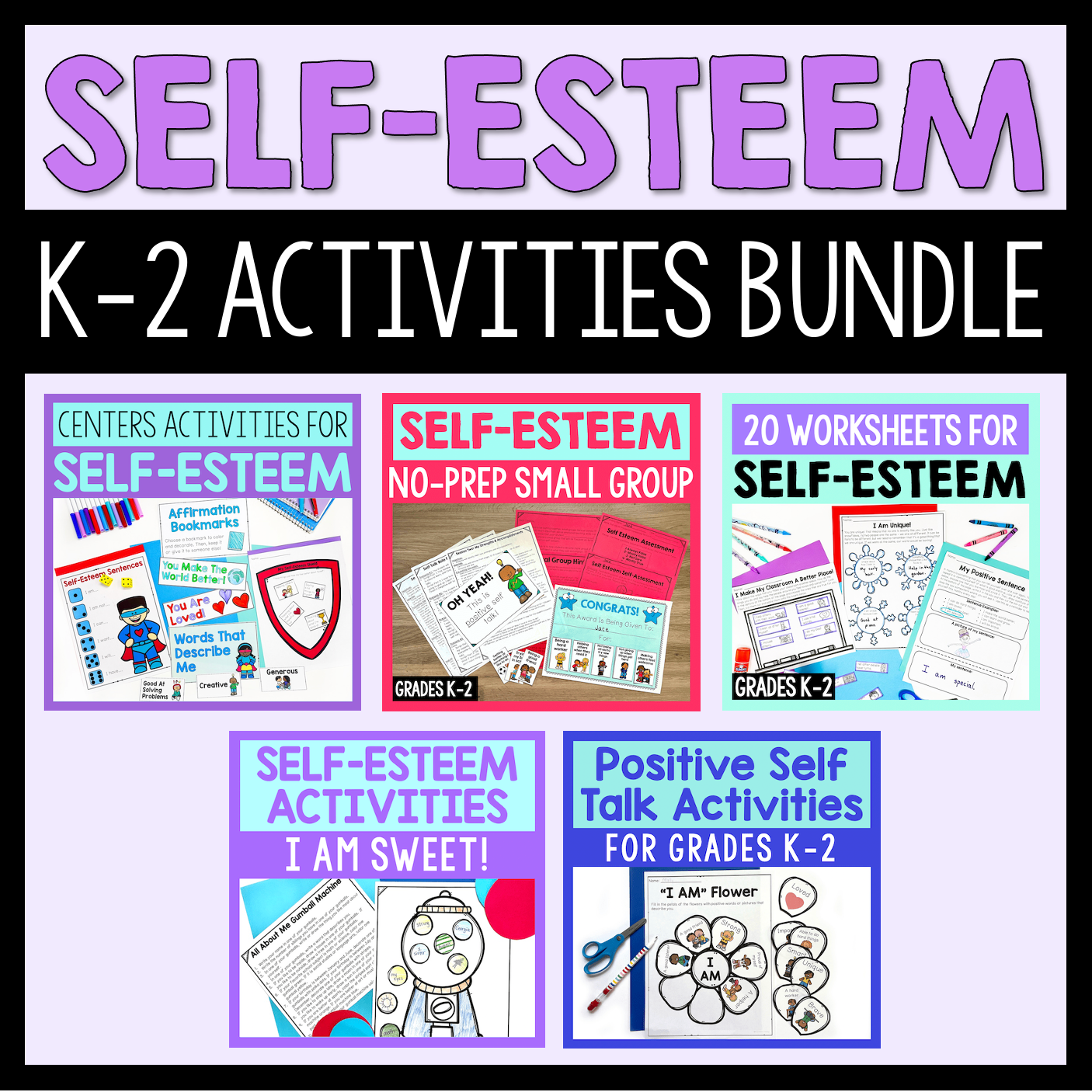 Promotional image of a Self-Esteem K-2 Activities Bundle with various educational materials.