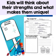 Educational materials for children with text about thinking about strengths and uniqueness, including a recipe sheet and craft supplies.