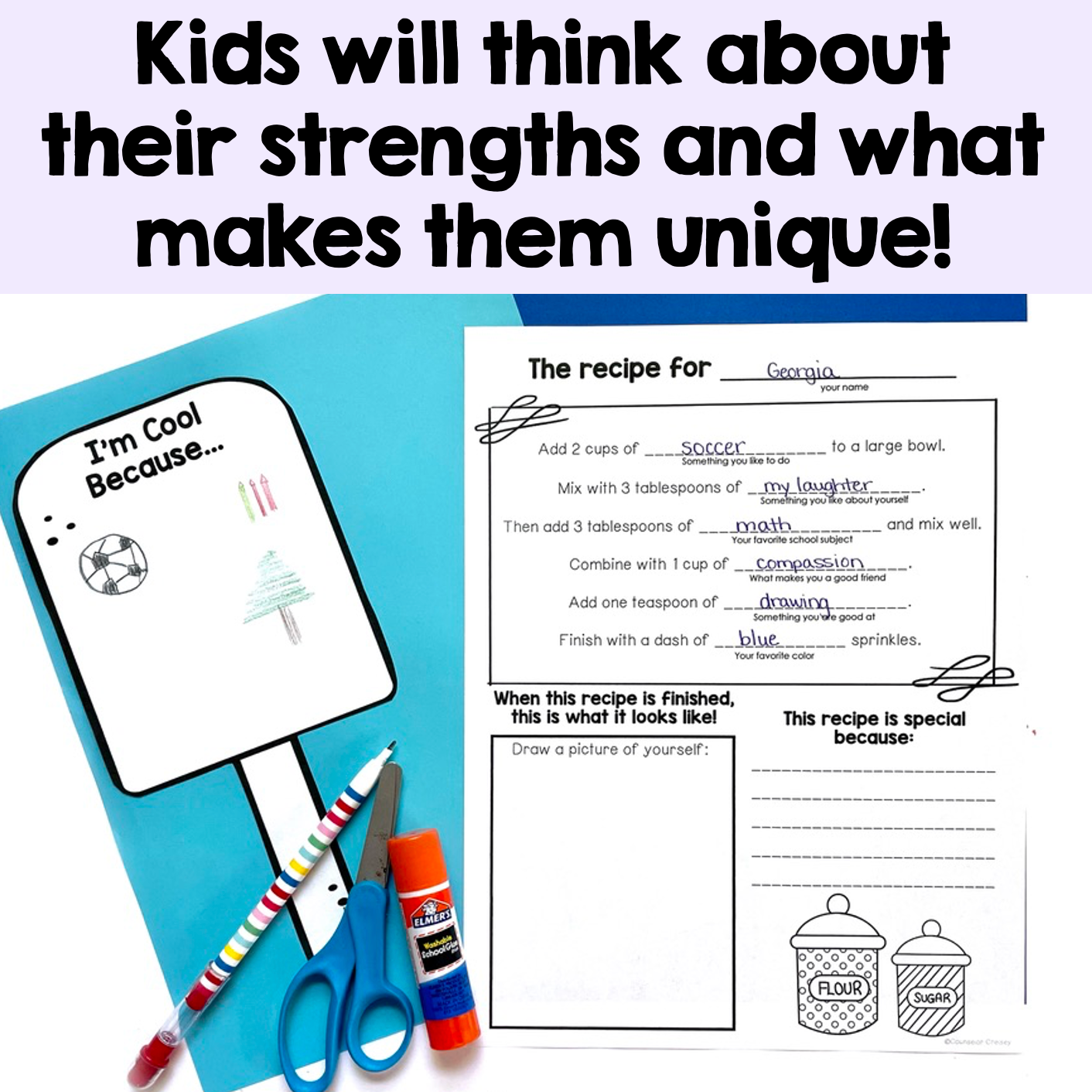 Educational materials for children with text about thinking about strengths and uniqueness, including a recipe sheet and craft supplies.