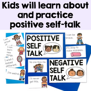 Educational poster about positive and negative self-talk with cartoon characters and text.
