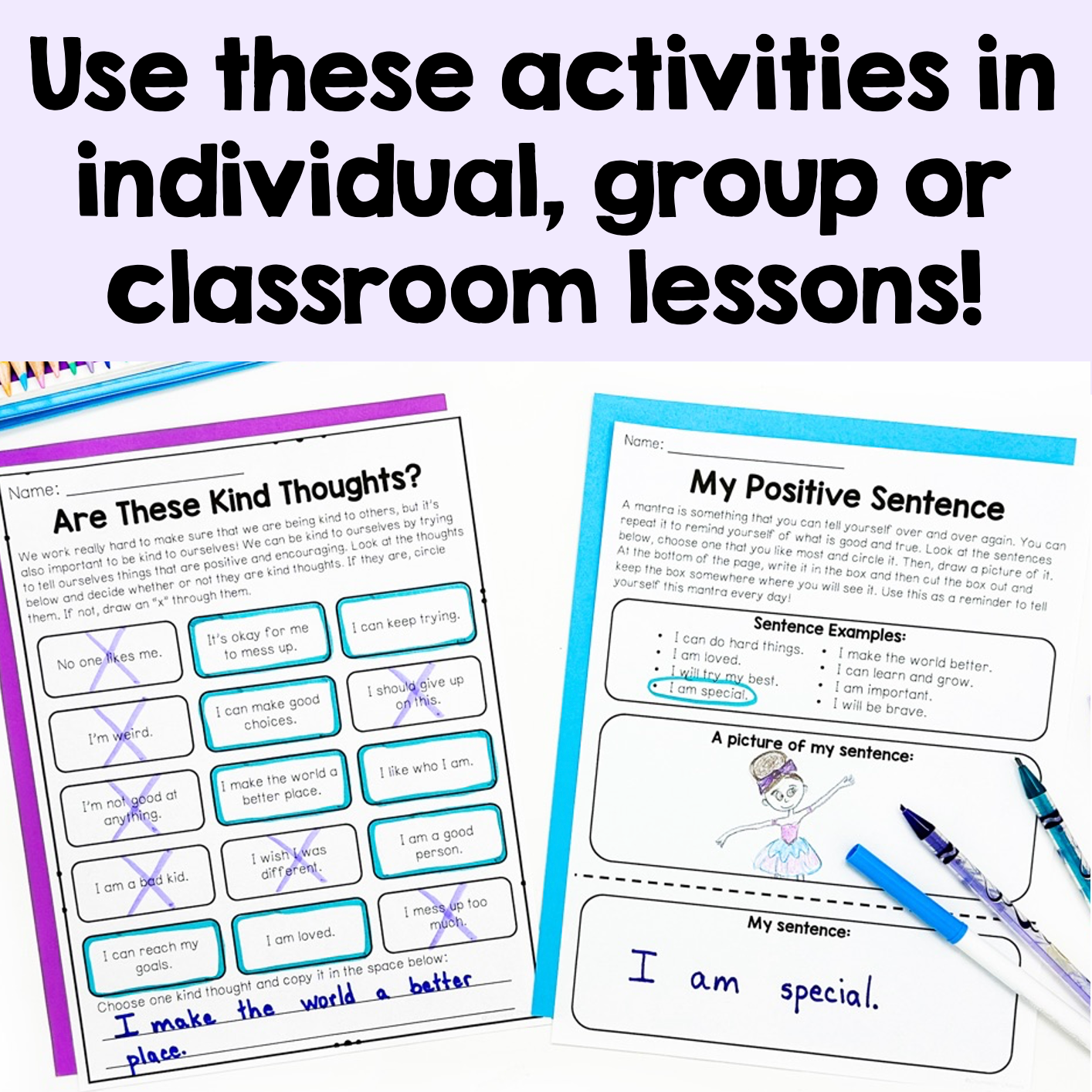 Educational worksheets with activities for self-esteem and positive thinking, featuring pens on a white background.