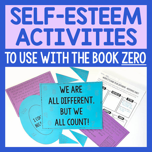 Educational materials for self-esteem activities with text and colorful cards on a blue background.