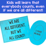 Educational materials with text about diversity and self-worth on a blue background