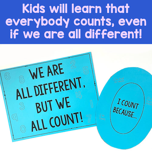 Educational materials with text about diversity and self-worth on a blue background