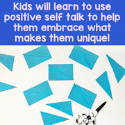 Blue triangle-shaped cards with text on a white background, accompanied by a pen.