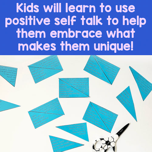 Blue triangle-shaped cards with text on a white background, accompanied by a pen.