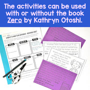 Educational materials with text overlay about using activities with or without 'Zero' by Kathryn Otoshi.