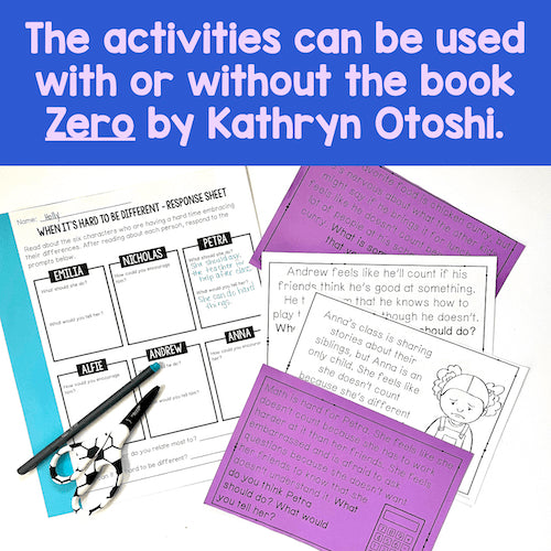 Educational materials with text overlay about using activities with or without 'Zero' by Kathryn Otoshi.