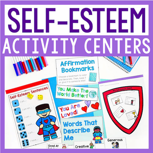 Collection of self-esteem activity centers with colorful materials on a purple background