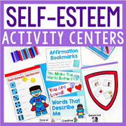 Collection of self-esteem activity centers with colorful materials on a purple background