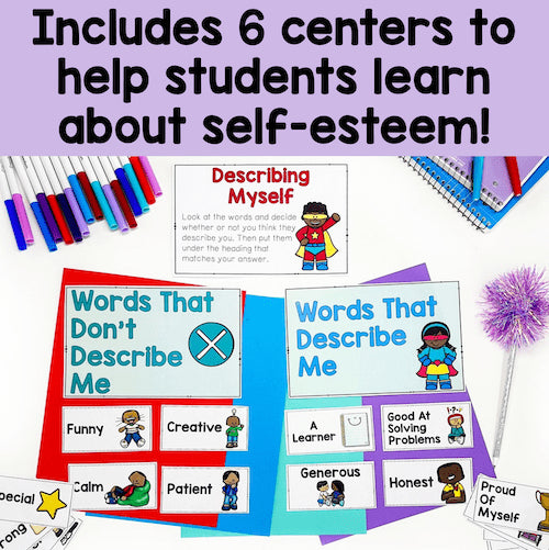 Educational materials for teaching self-esteem to students with colorful cards and text on a purple background.
