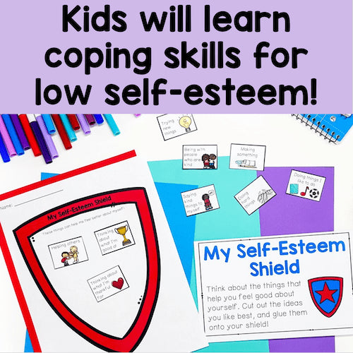 Educational materials for kids to learn coping skills for low self-esteem, including a 'My Self-Esteem Shield' activity.
