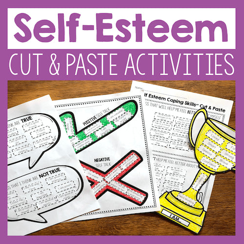 Self-Esteem Cut & Paste Activities on a wooden surface with a purple border