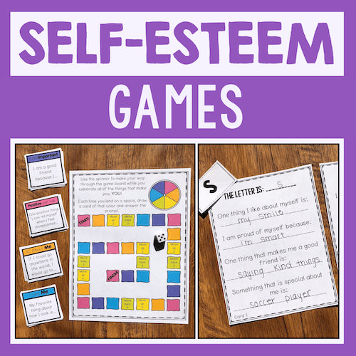 Self-esteem games with colorful cards and worksheets on a wooden surface, against a purple background.