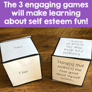 Two cards on a wooden surface with text about self-esteem games.